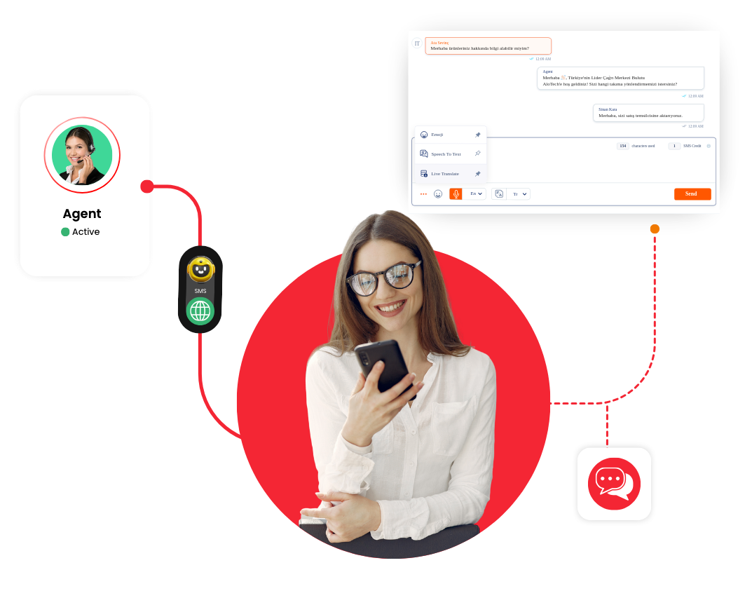 SMS: agent status card and message screen